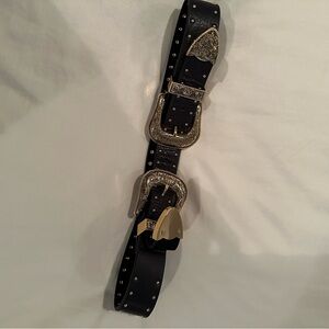 B-Low The Belt black and gold studded double buckle western belt